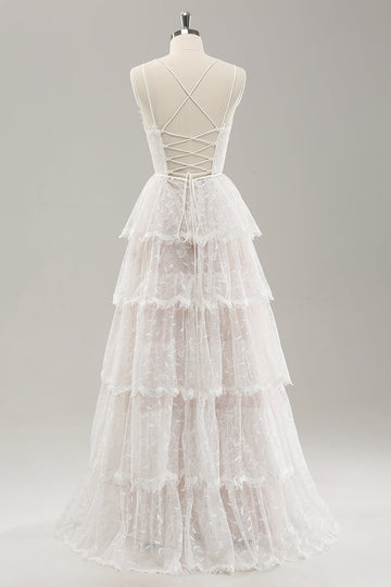 Vit A Line Spaghetti Straps Tiered Lace Bröllopsklänning med Snörning Upp Tillbaka